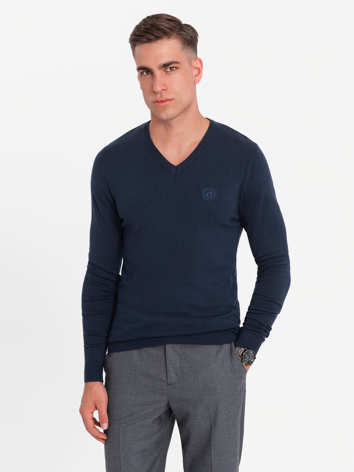 Ombre Elegant Men's Sweater With A V-neck - Navy Blue