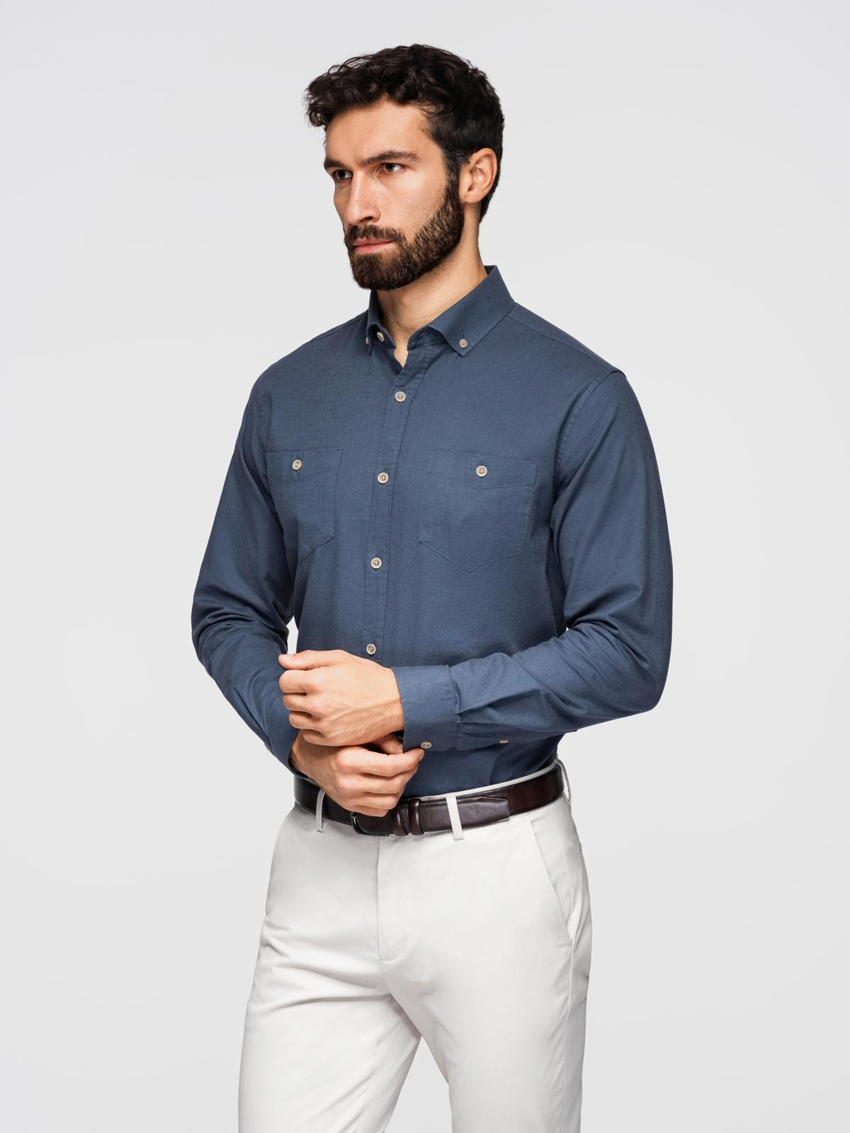 Ombre Men's linen shirt with classic collar and pockets REGULAR FIT - blue