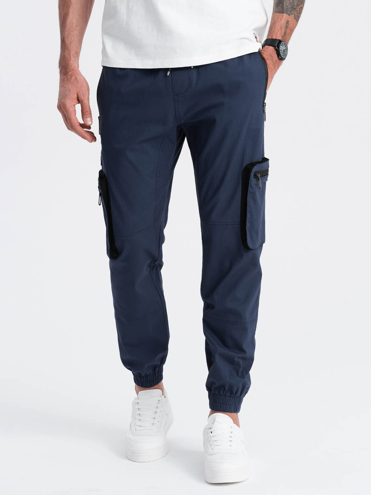 Ombre Men's JOGGER pants with zippered cargo pockets - navy blue