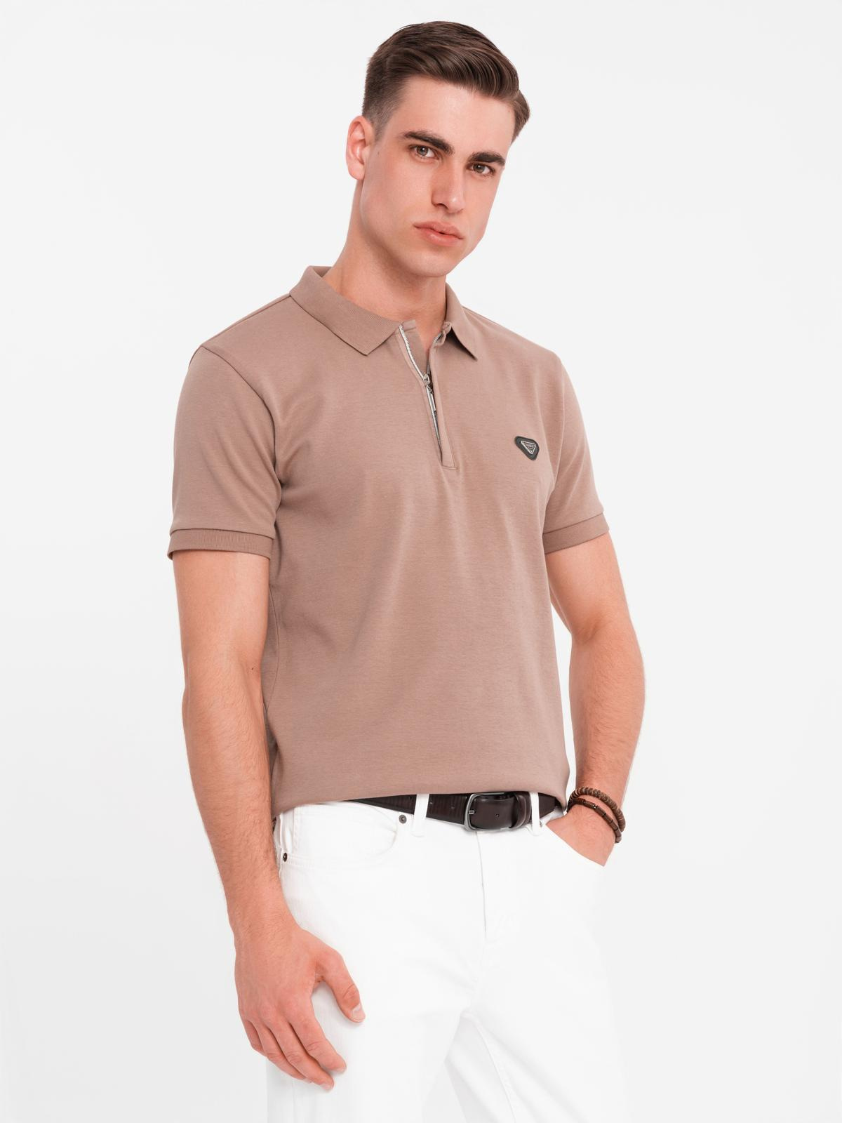 Ombre Men&#039;s polo shirt with zipper neckline - light brown