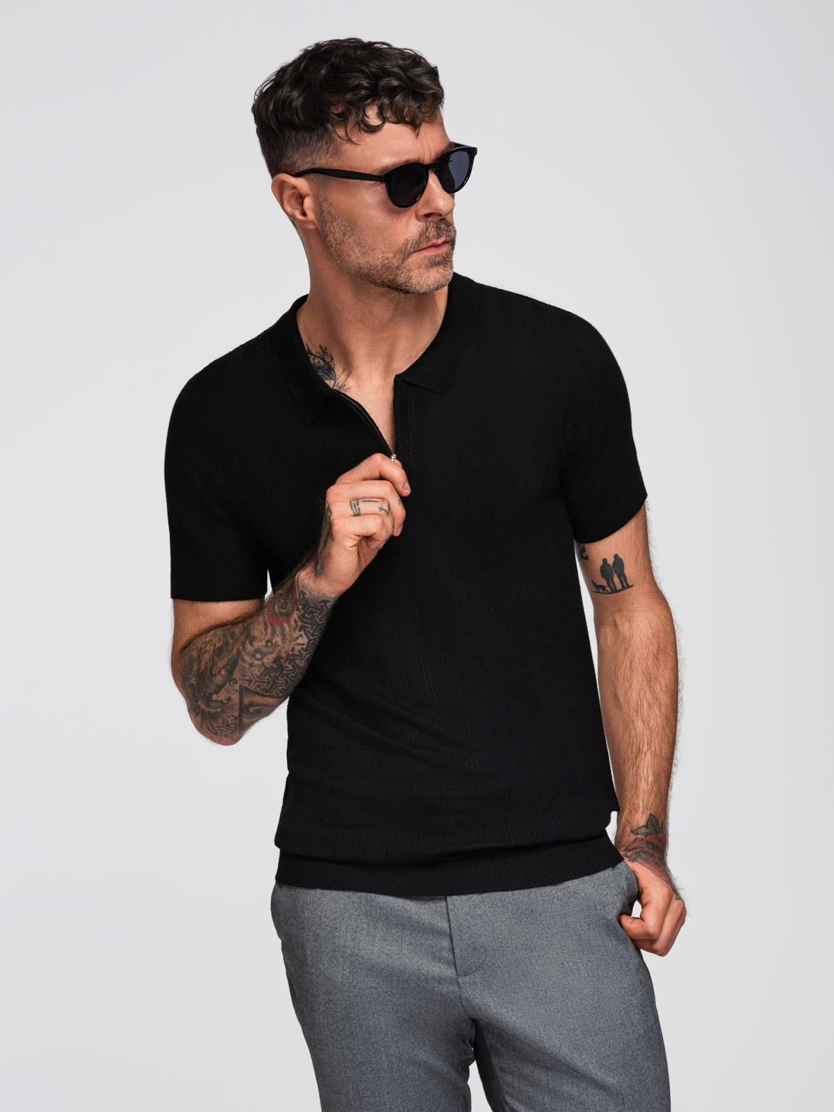 Ombre Men's openwork polo shirt with zipper at neckline - black