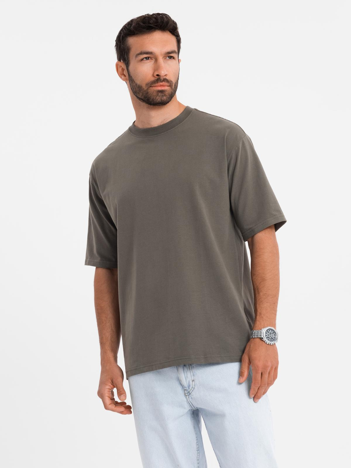 Ombre Men's LOOSE FIT cotton t-shirt with round neckline - dark olive