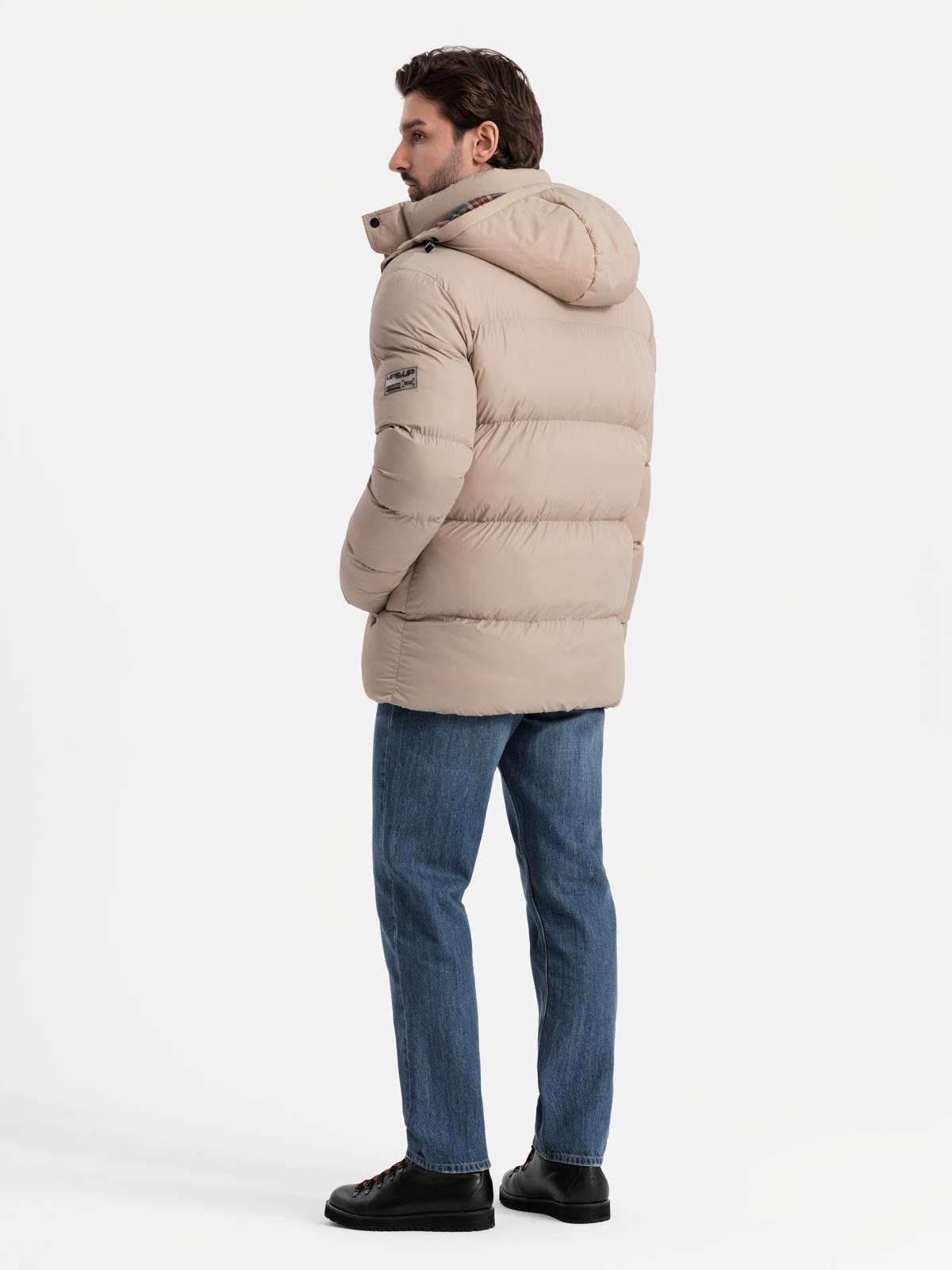 Ombre Men's puffer jacket with check lining - beige