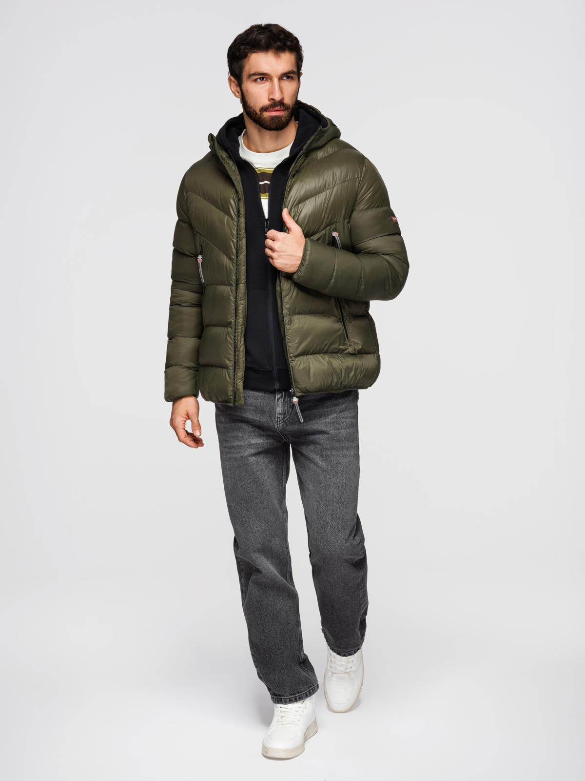 Ombre Men's quilted winter jacket with combined materials - dark olive green