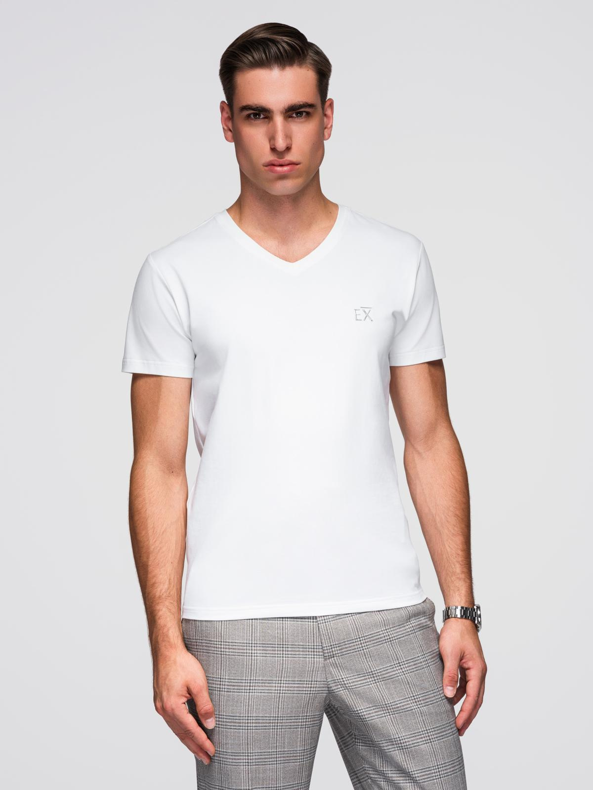 Ombre Men's V-neck SLIM FIT t-shirt with elastane and print - white