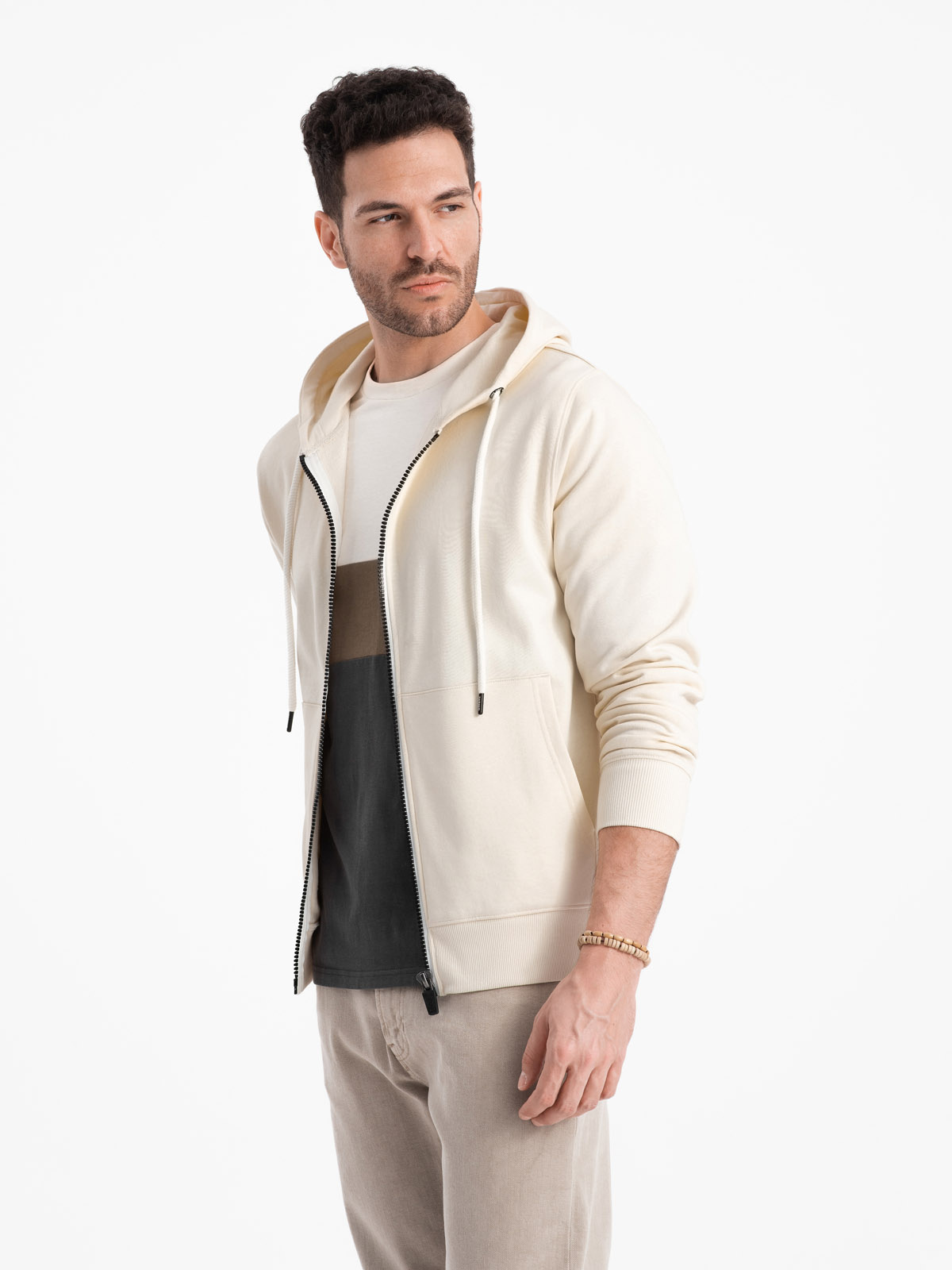 Ombre Men&#039;s BASIC unbuttoned hooded sweatshirt - cream