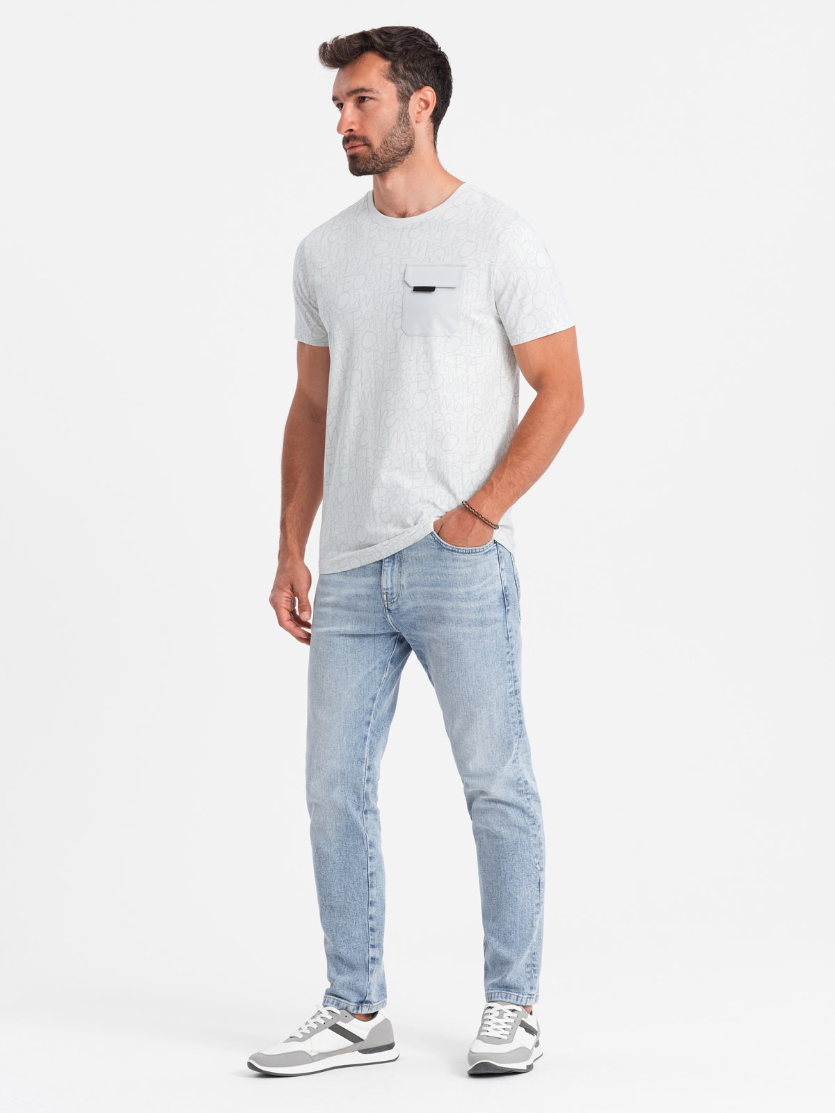 Ombre Men's cotton t-shirt with letter print and pocket - white-gray
