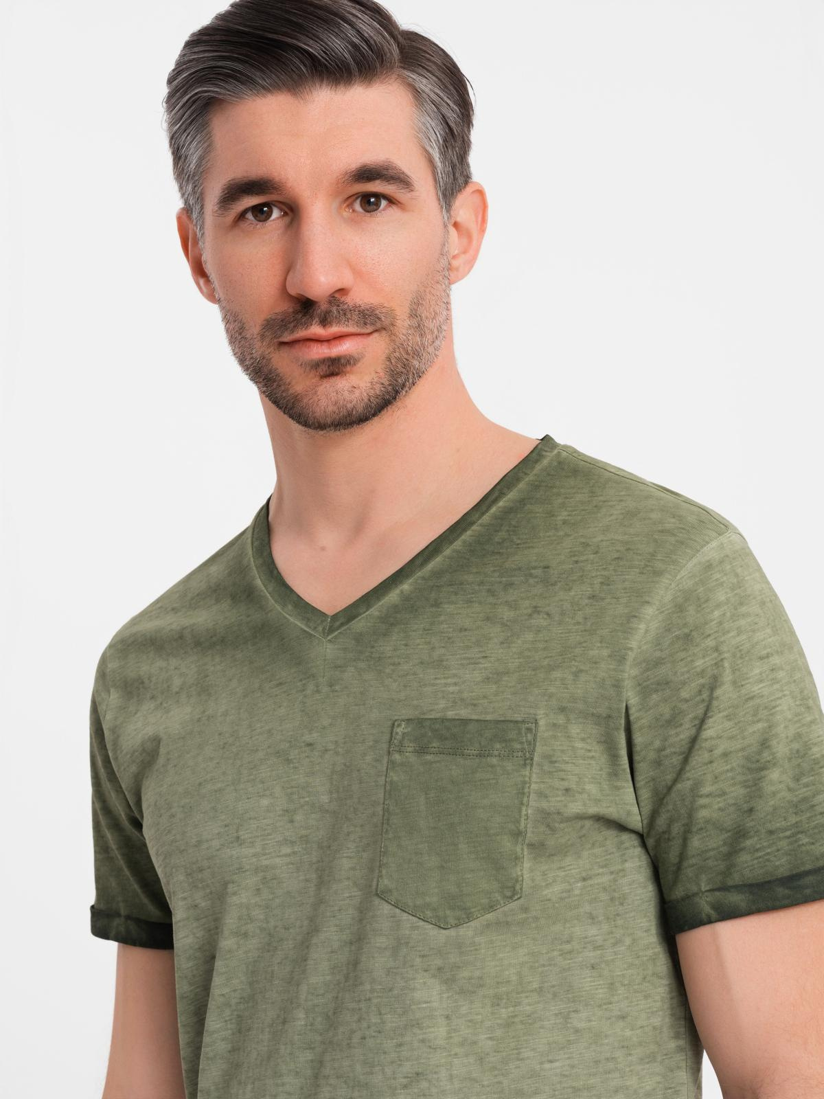 Ombre Men's cotton V-neck knit t-shirt with washed effect - olive