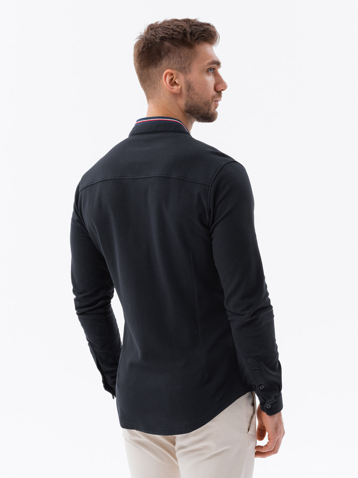Ombre Men's cotton SLIM FIT shirt with stand-up collared collared stripes - black