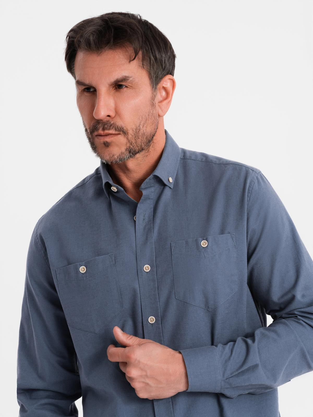 Ombre Men&#039;s linen shirt with classic collar and pockets REGULAR FIT - blue