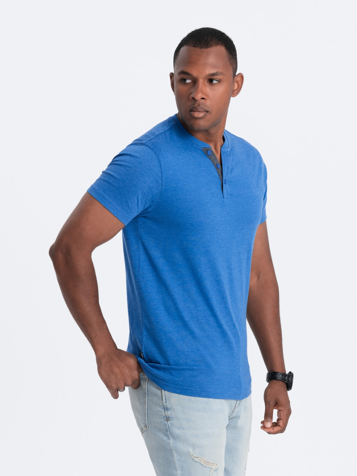 Ombre Men's t-shirt with round henley neckline - blue
