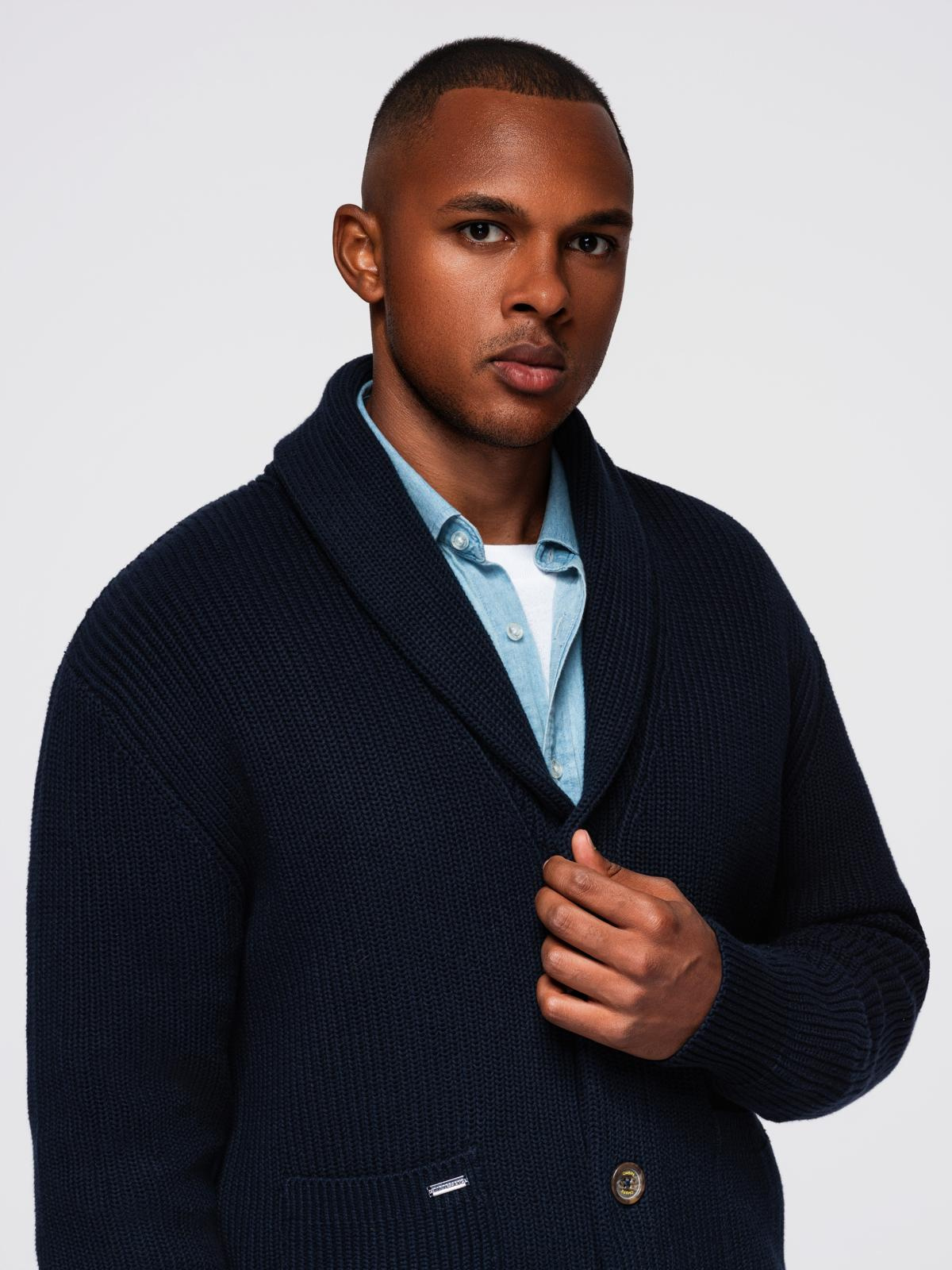 Ombre Men's cotton cardigan sweater with shawl collar - navy blue