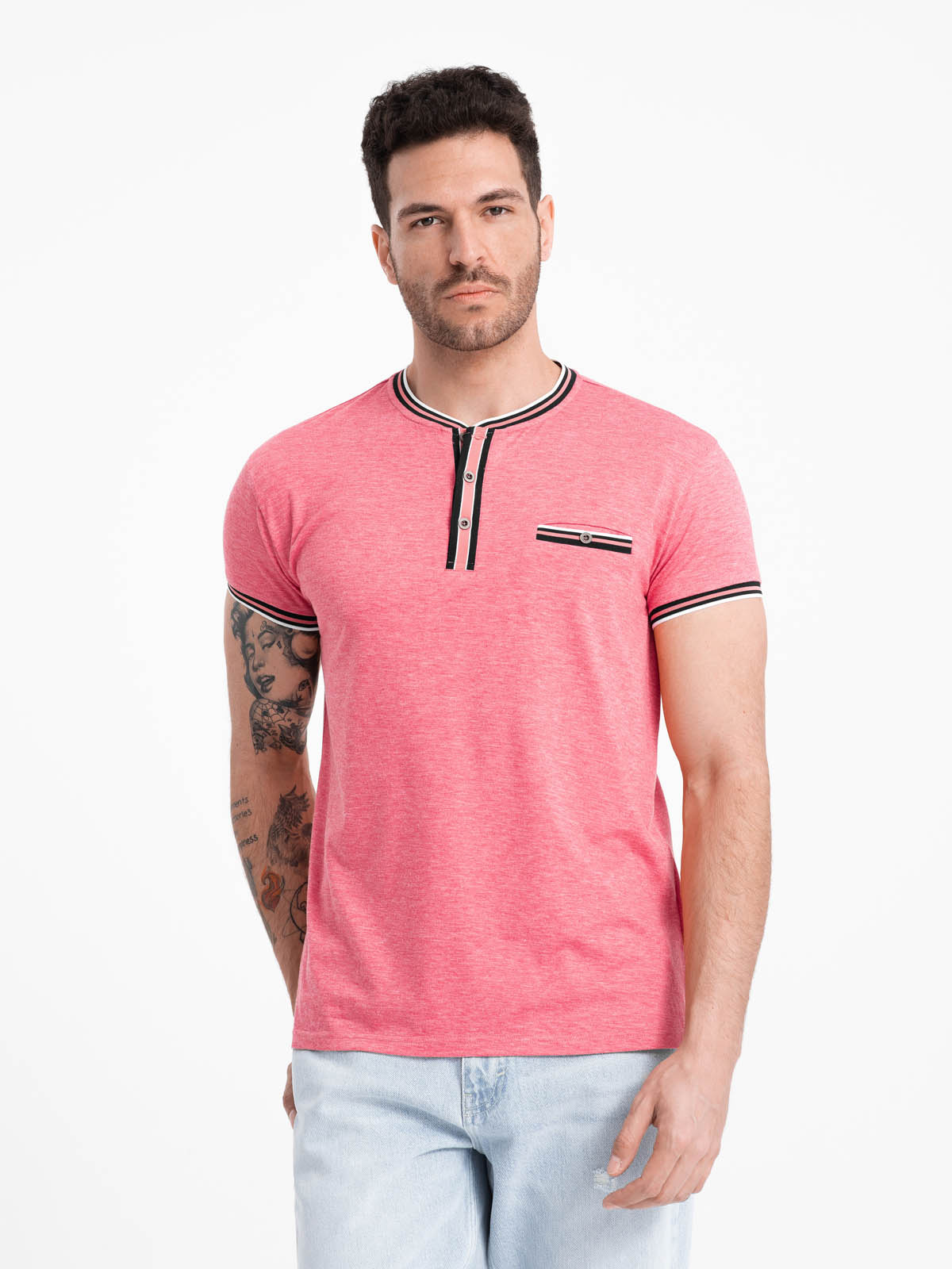 Ombre Men's henley t-shirt with decorative ribbing - red