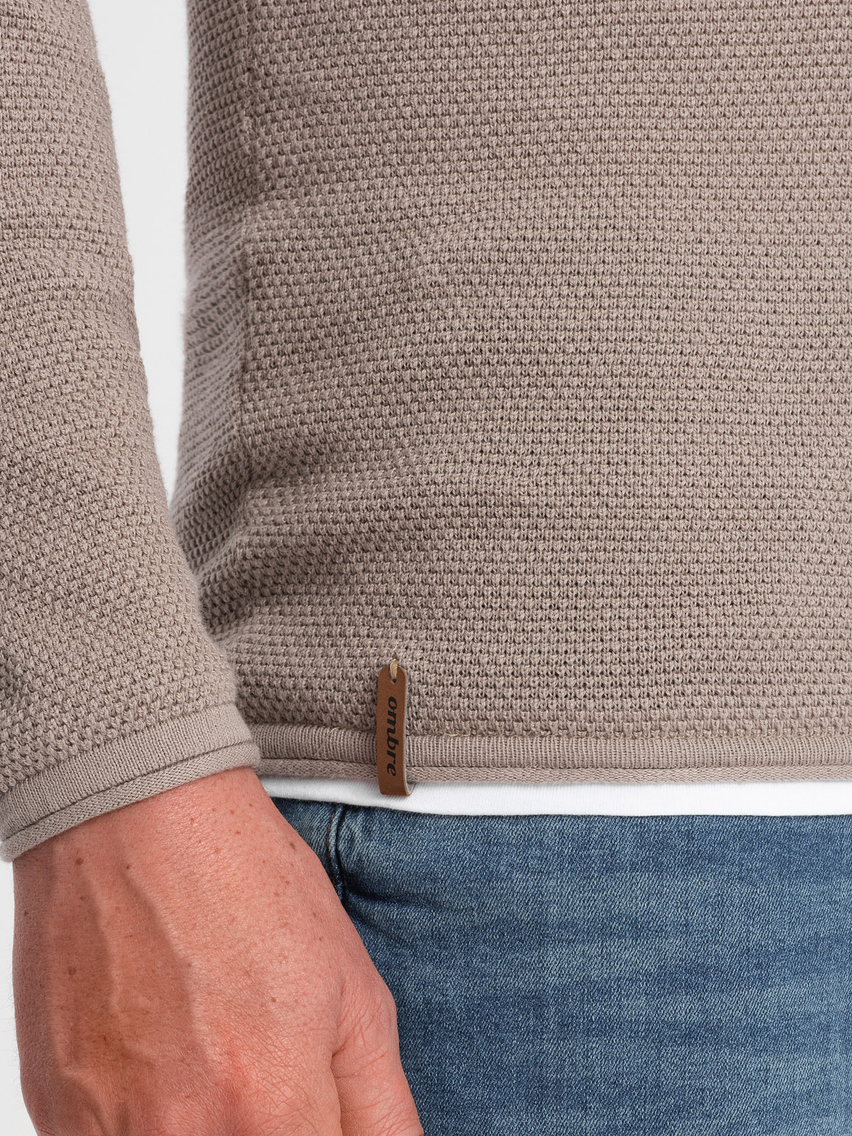 Ombre Men's cotton sweater with round neckline - cold beige