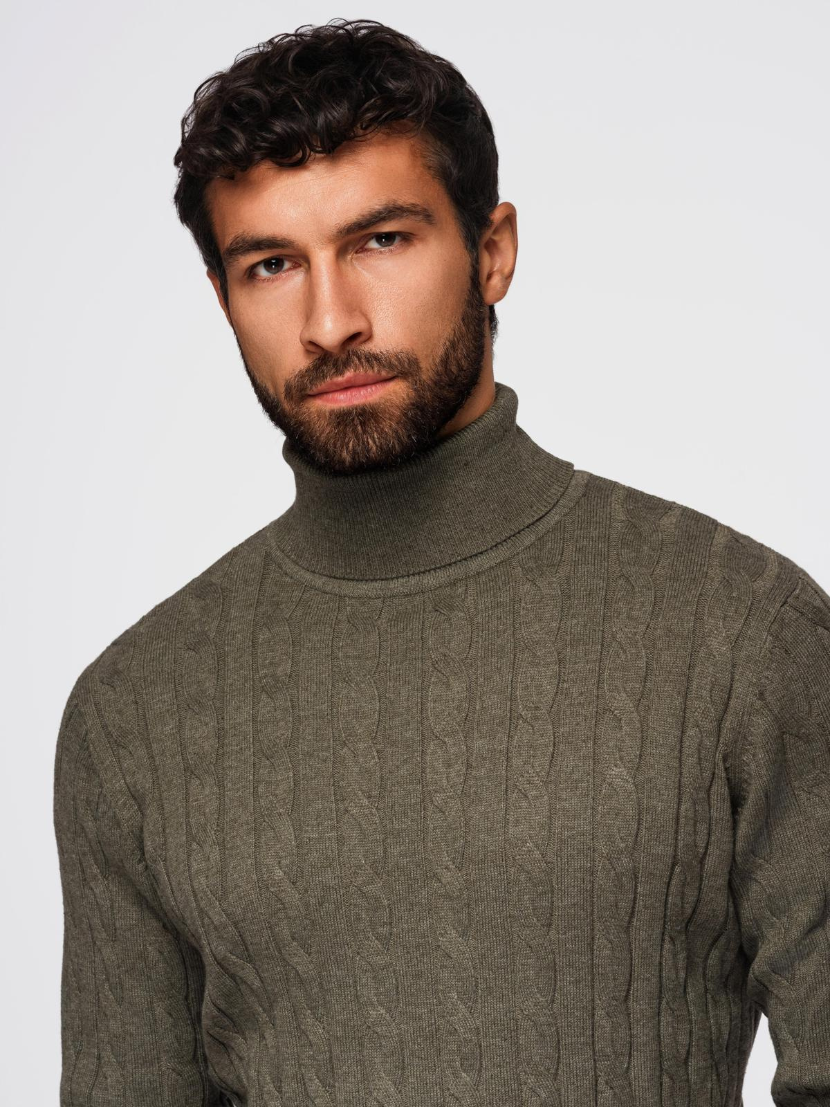 Ombre Men&#039;s turtleneck sweater with checkered weave - olive