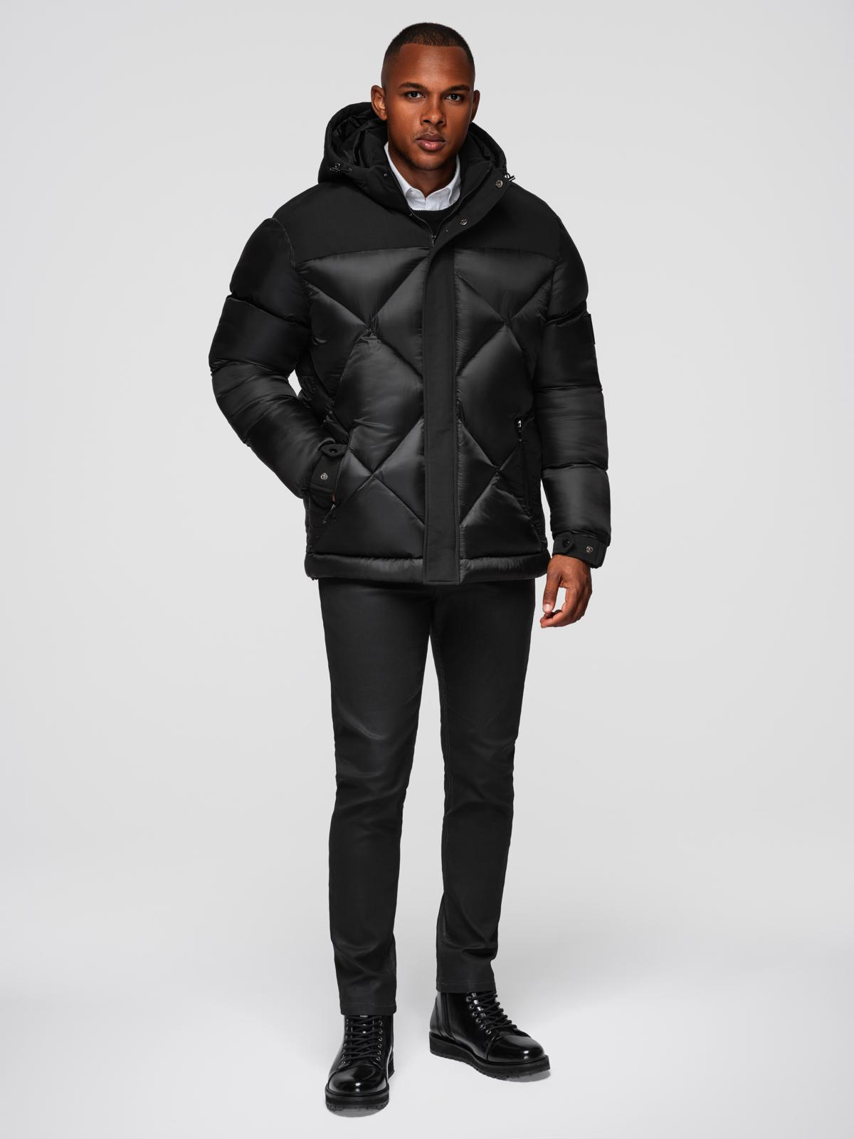 Ombre Men&#039;s hooded jacket with geometric diamond quilting - black