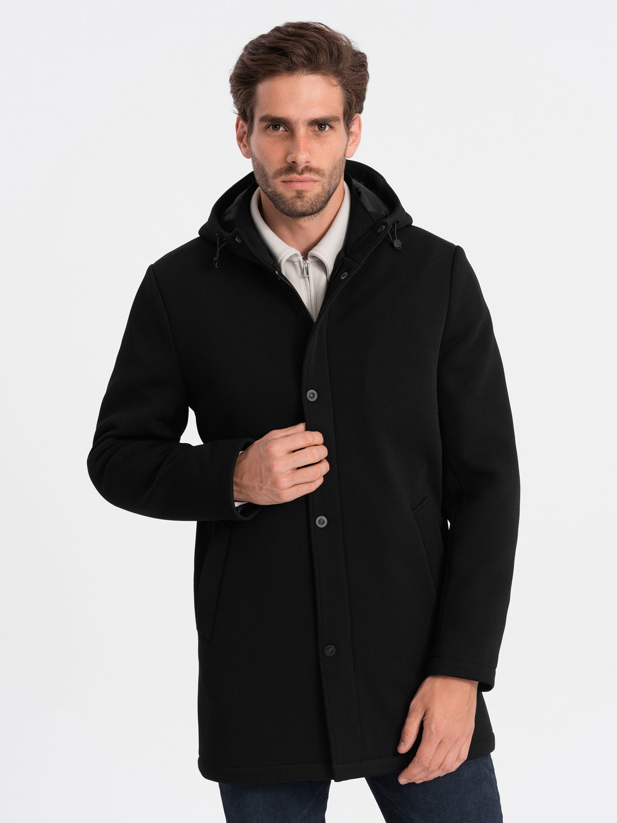 Levně Ombre Men's insulated coat with hood and concealed zipper - black