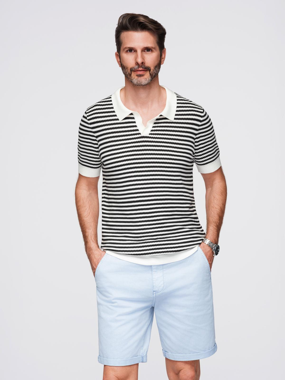 Ombre Men&#039;s knitted buttonless polo shirt with navy stripes - black and white