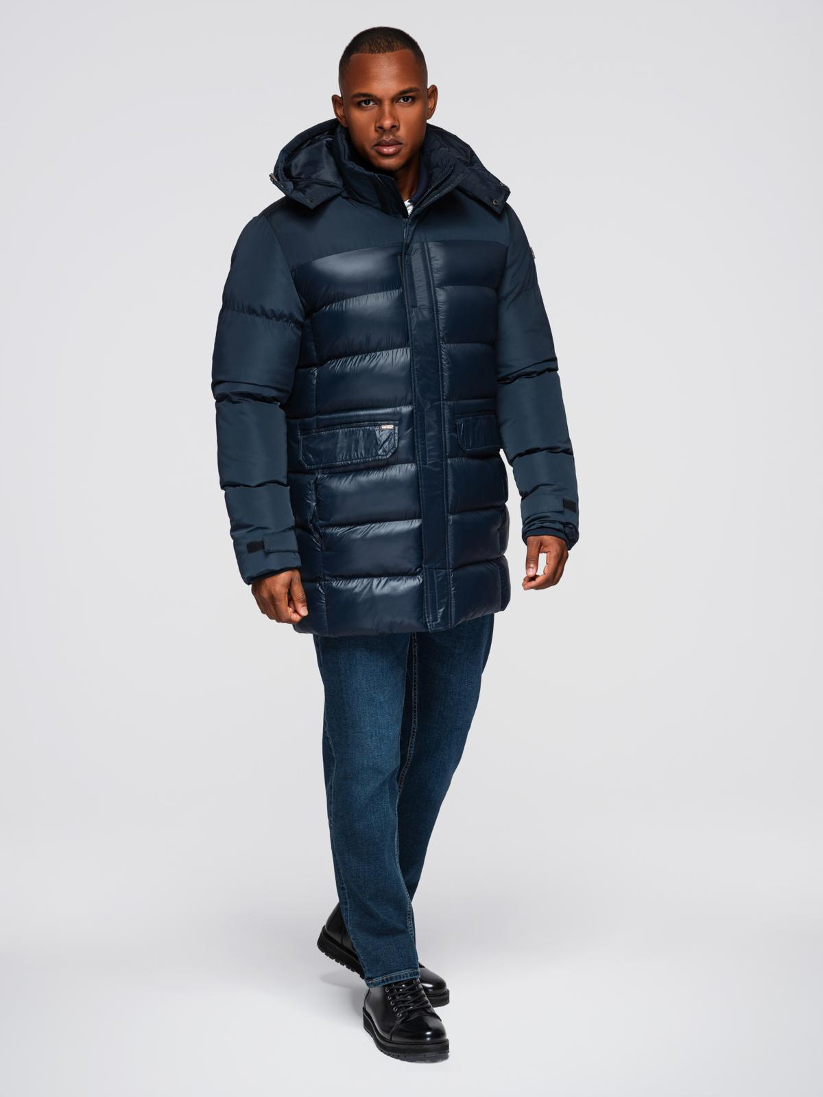 Ombre Men&#039;s quilted jacket with combined materials and hood - navy blue