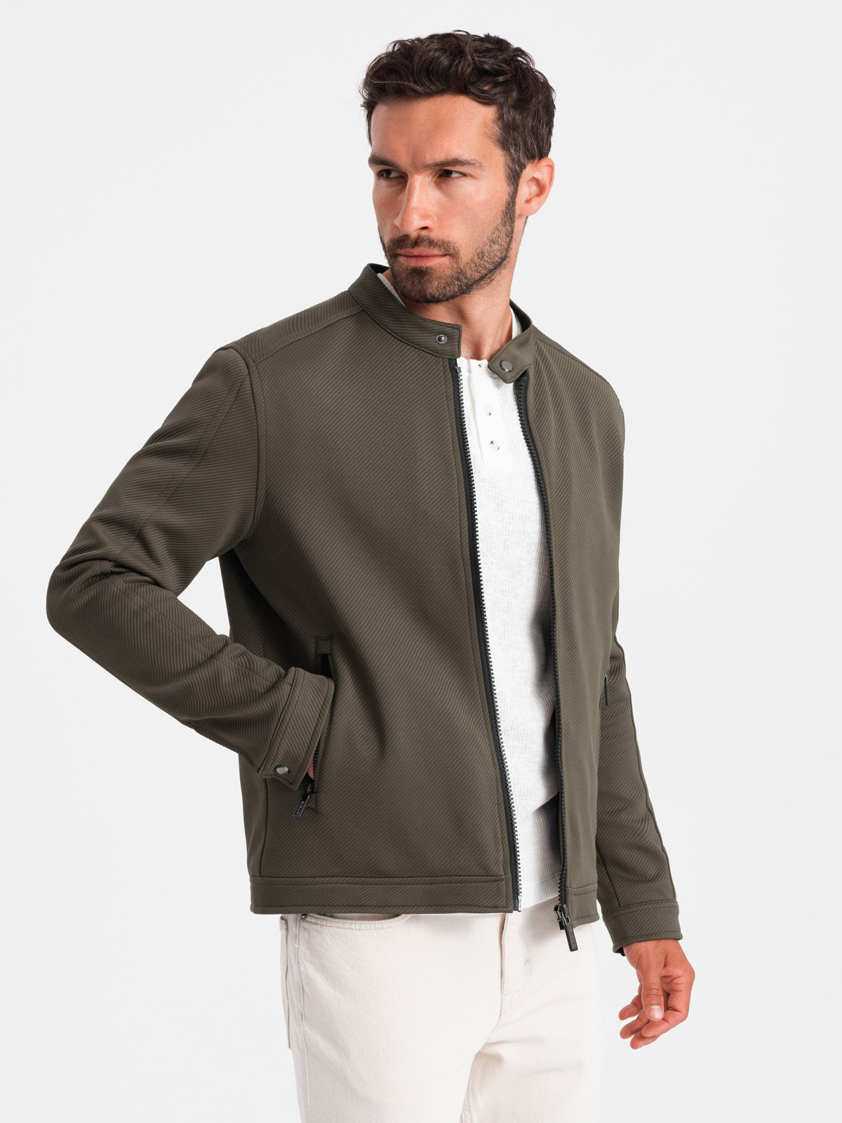 Ombre Men's BIKER jacket in structured fabric - dark olive green