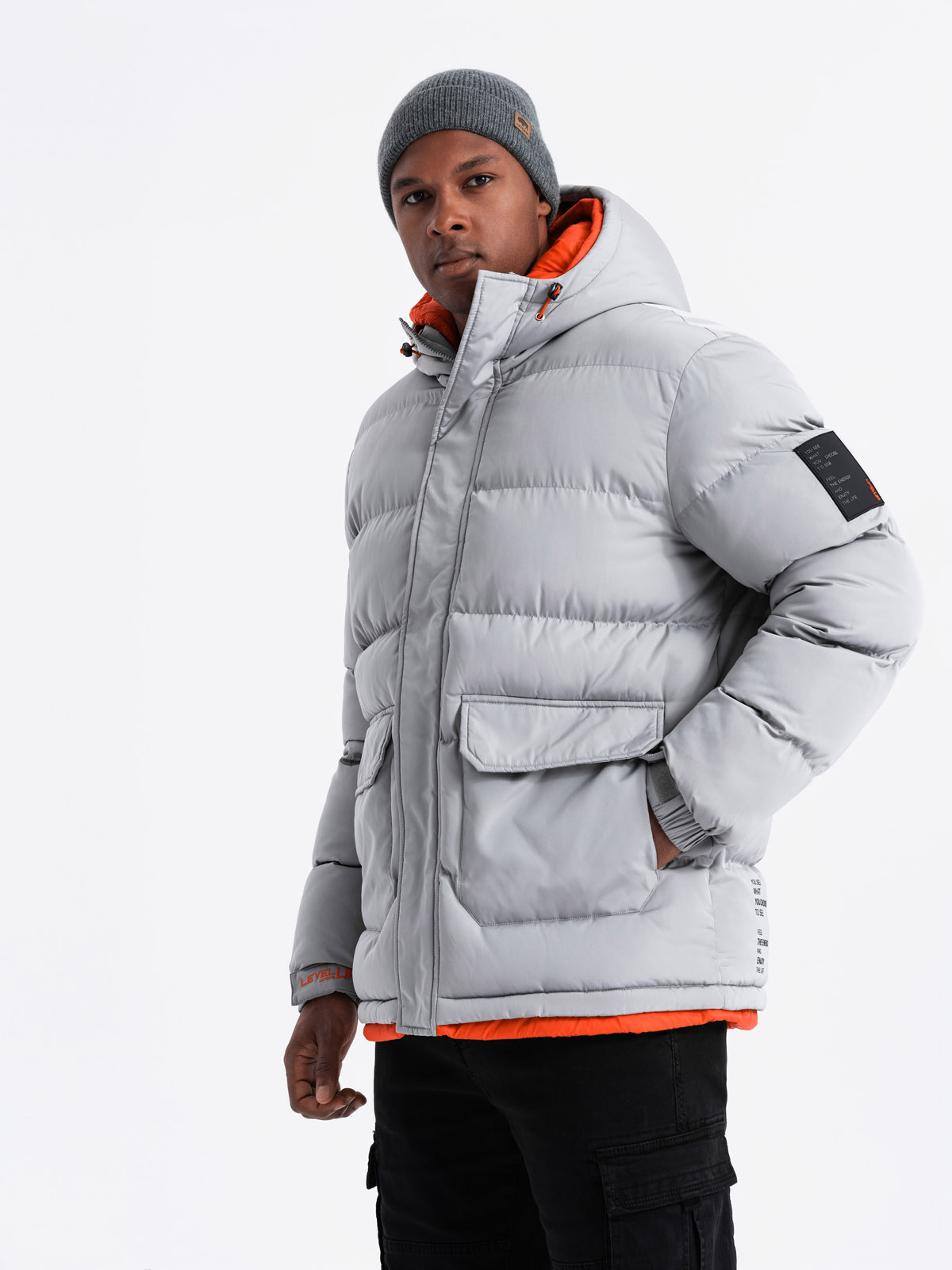 Ombre Men's sports warm jacket with double hood - grey