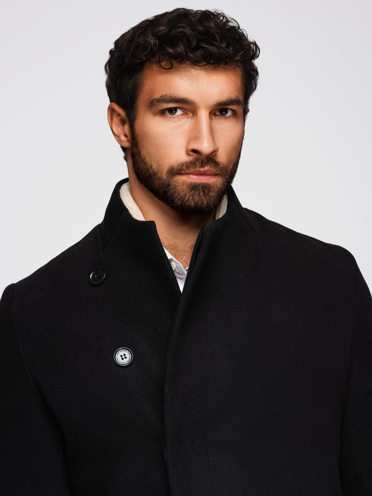 Ombre Men&#039;s coat with high collar and asymmetrical fastening - black