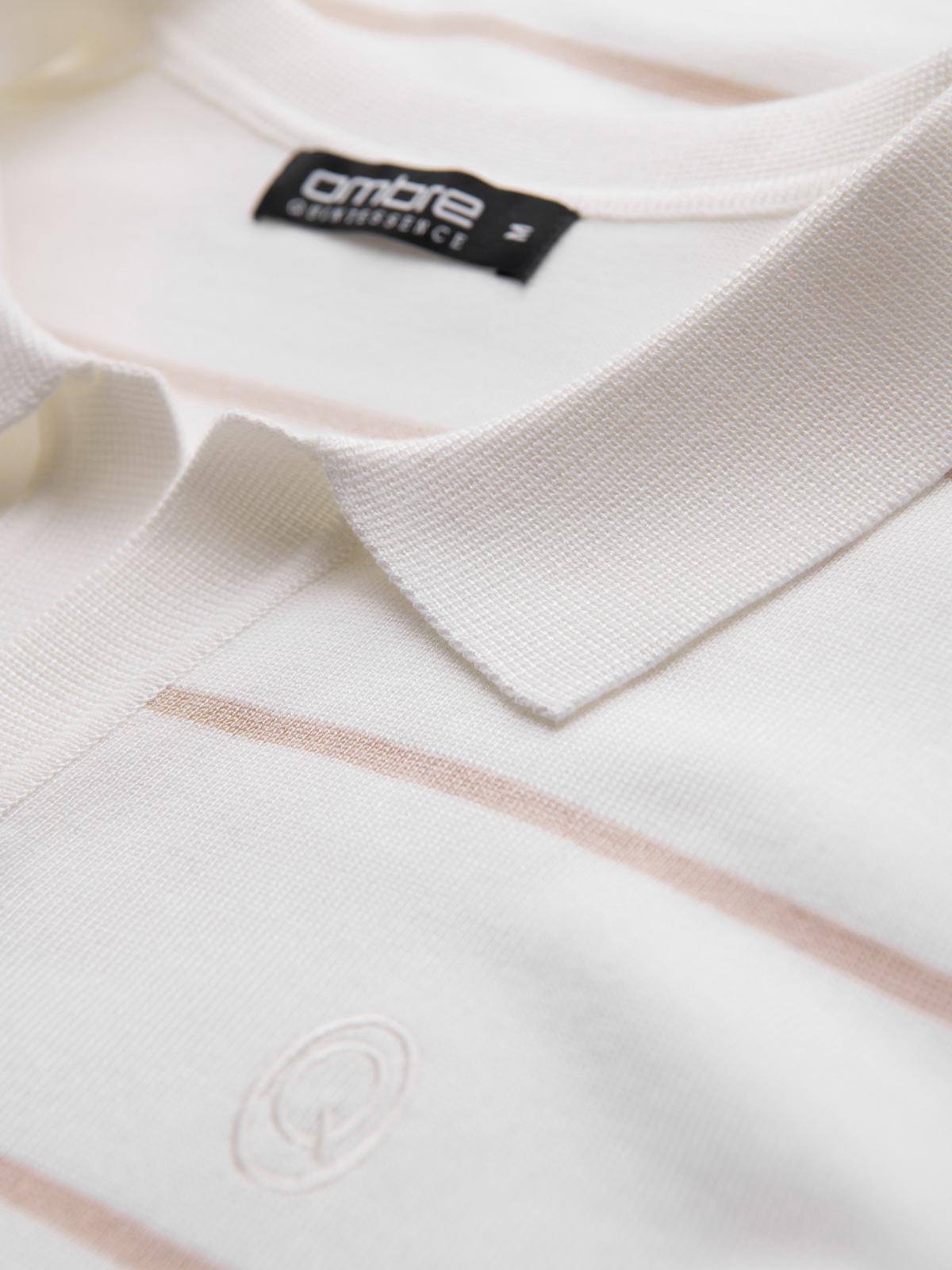 Ombre Men's horizontal striped polo longsleeve with viscose - white and beige