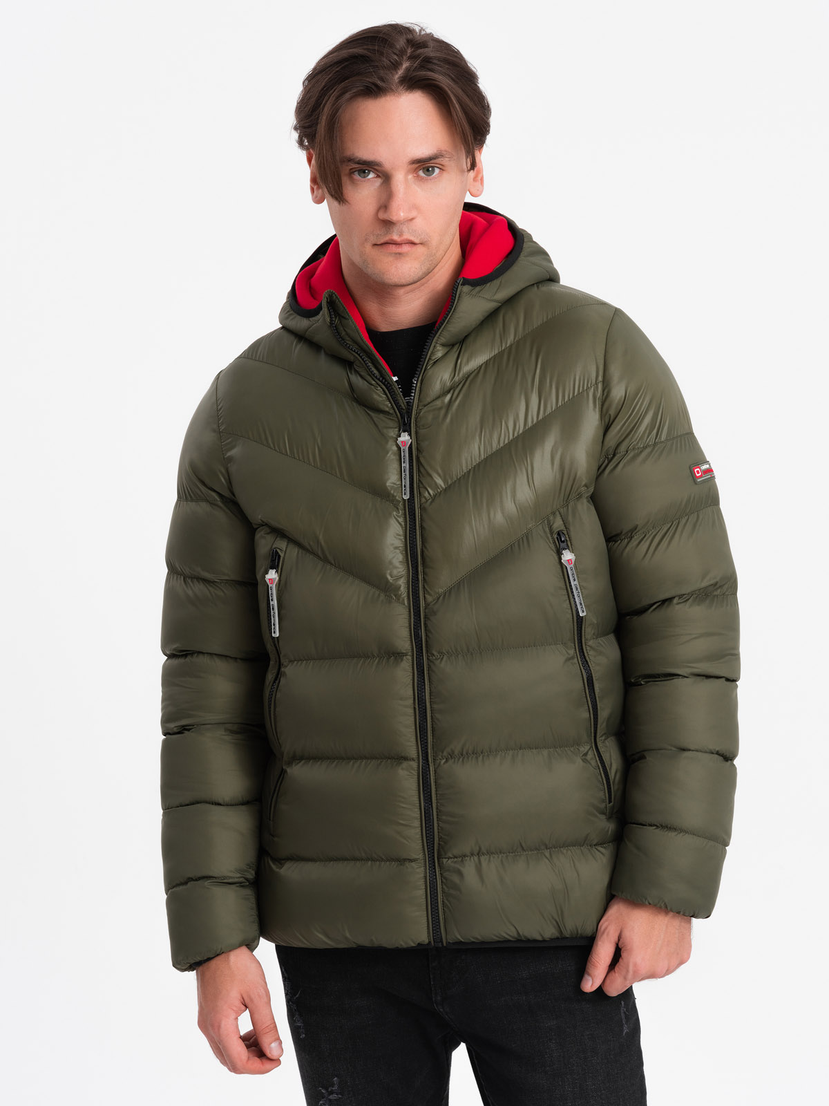 Levně Ombre Men's quilted winter jacket with combined materials - dark olive green