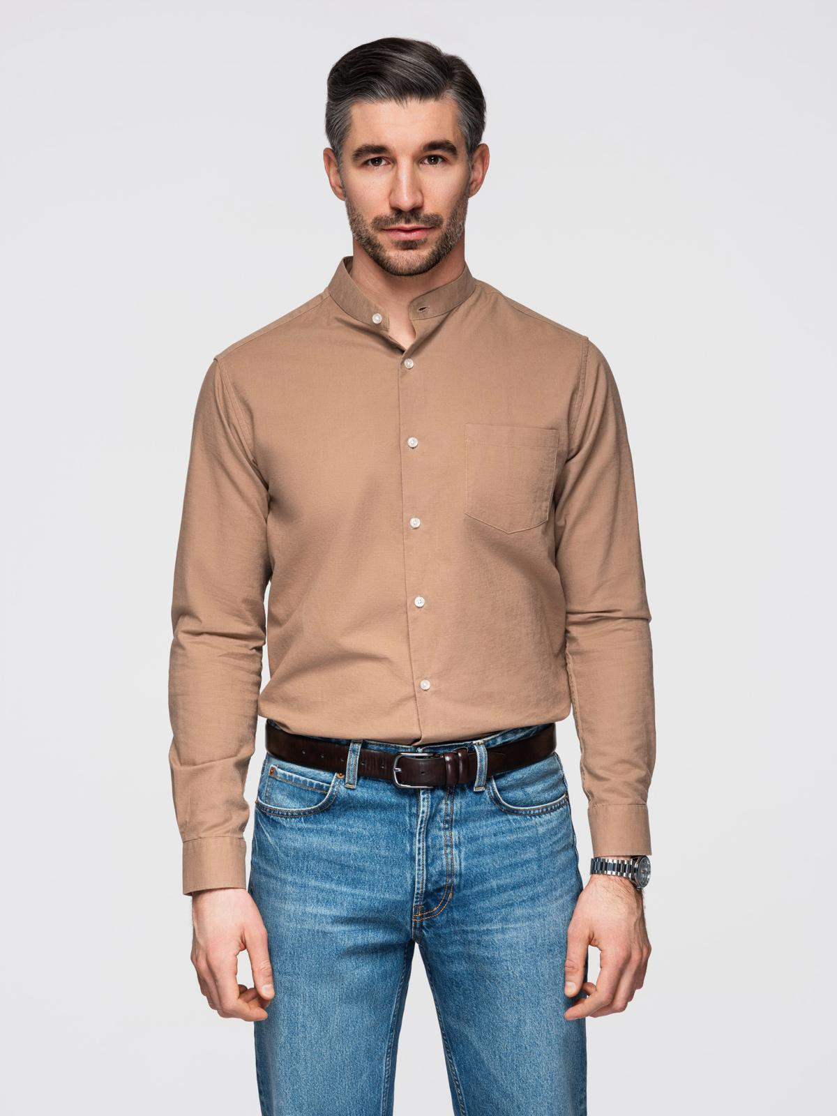 Ombre Men's linen shirt with stand-up collar and pocket REGULAR FIT - light brown