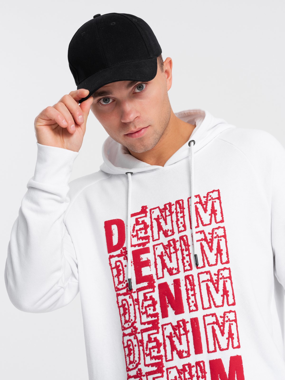 Levně Ombre Men's non-stretch kangaroo sweatshirt with hood and print - white