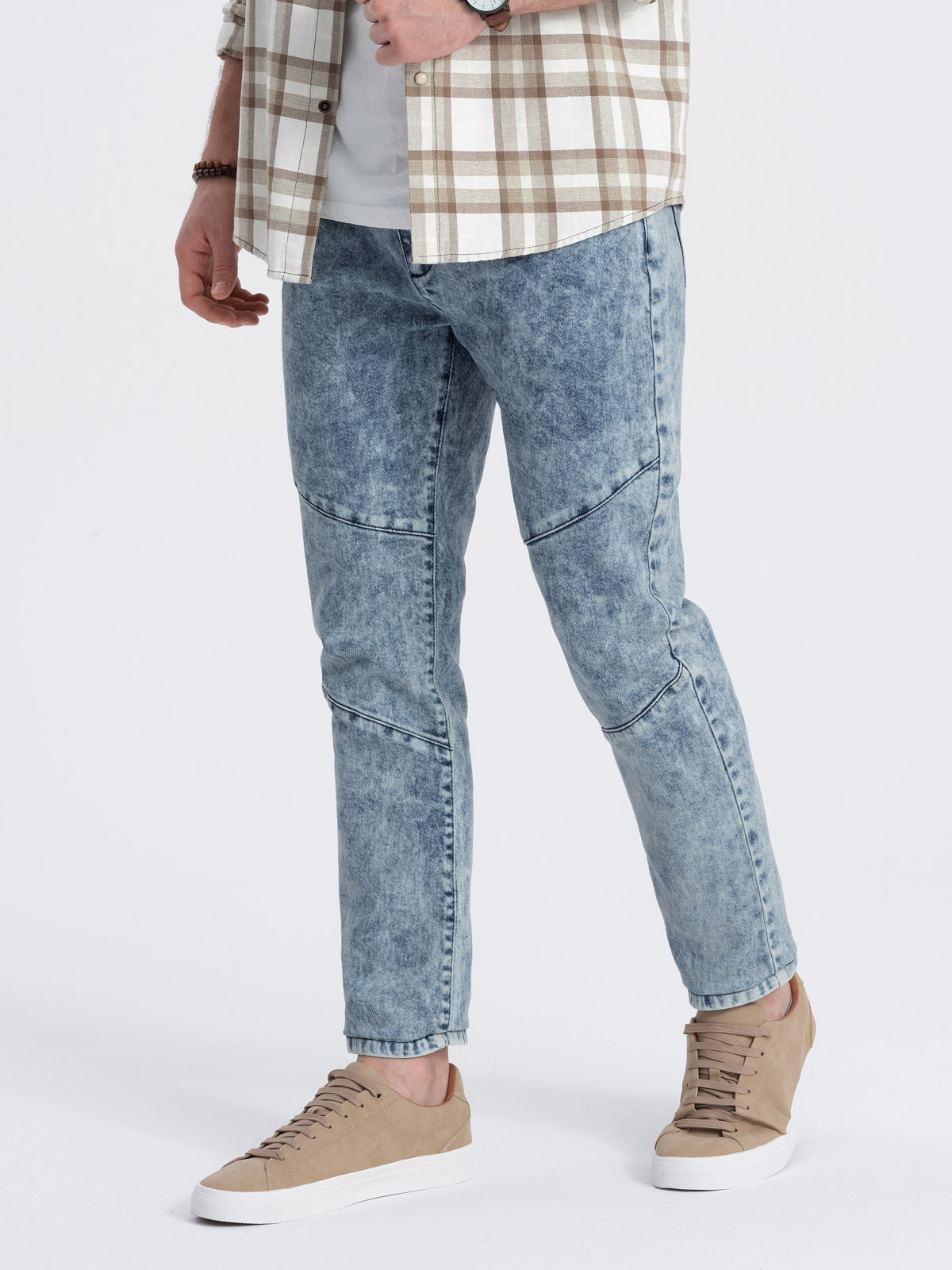 Ombre Men&#039;s slim fit denim pants with stitching at the knees - blue