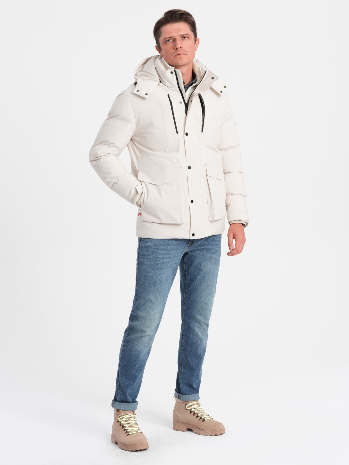 Ombre Men's winter jacket with detachable hood and cargo pockets - cream