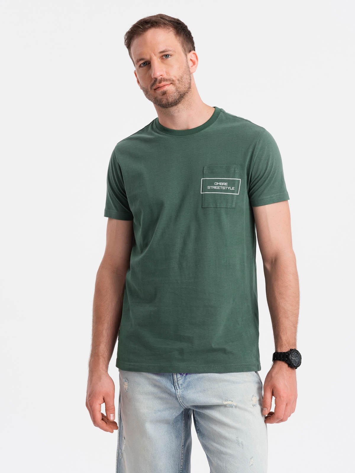 Ombre Streetstyle Men's Cotton T-shirt With Pocket Print - Dark Green