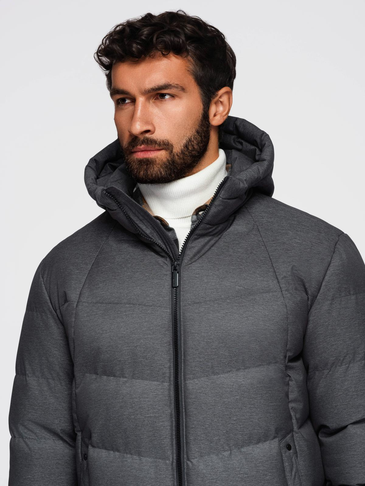 Ombre Men&#039;s long quilted jacket with hood - grey