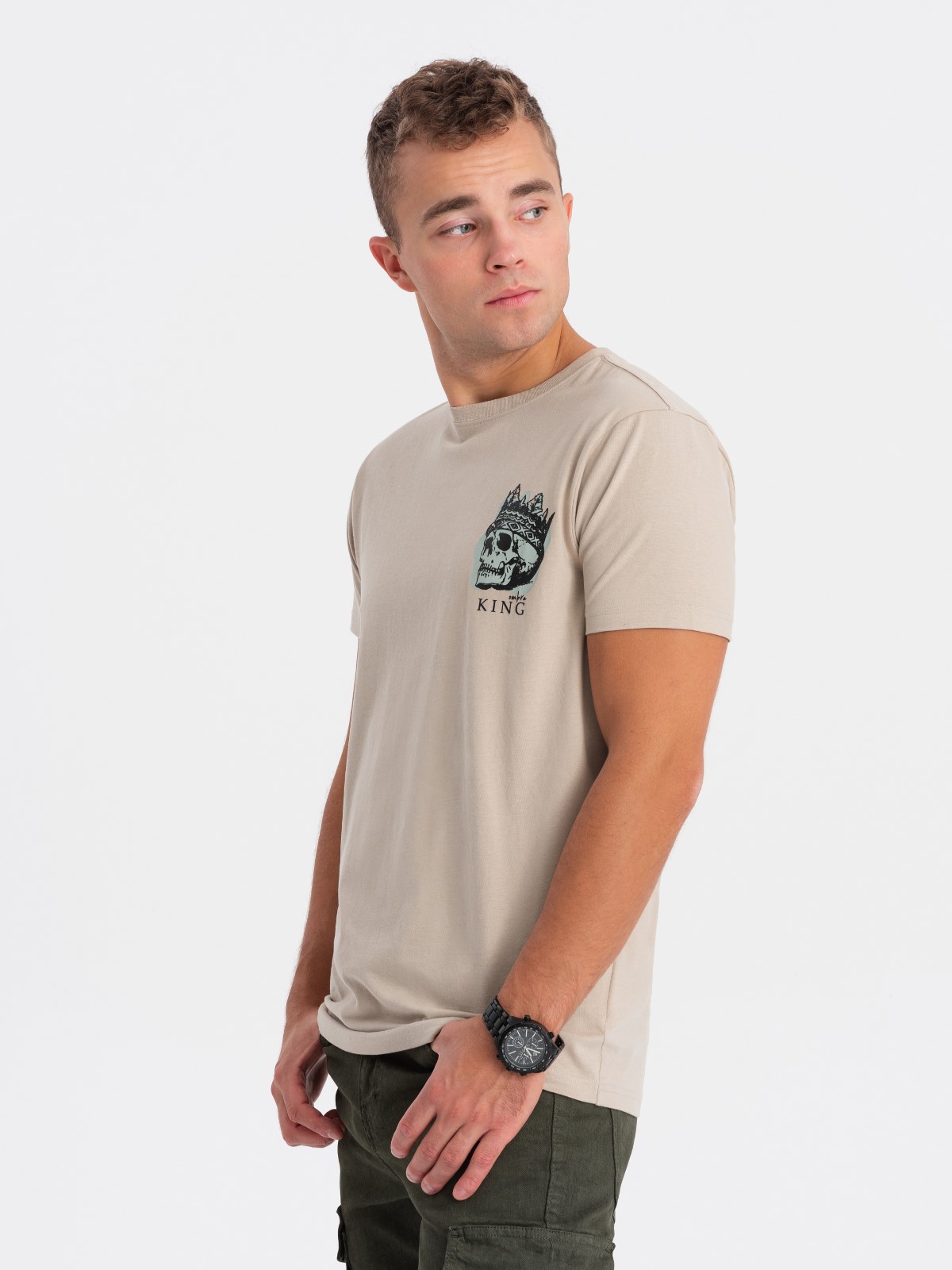 Ombre Men's cotton t-shirt with chest print - beige