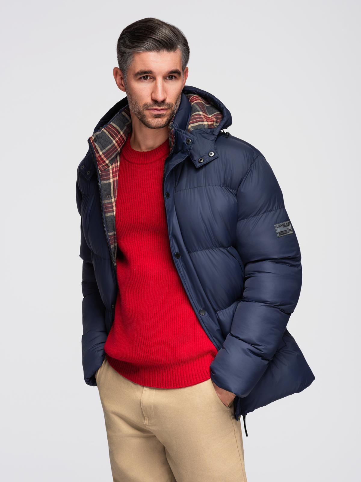 Ombre Men&#039;s puffer jacket with check lining - navy blue