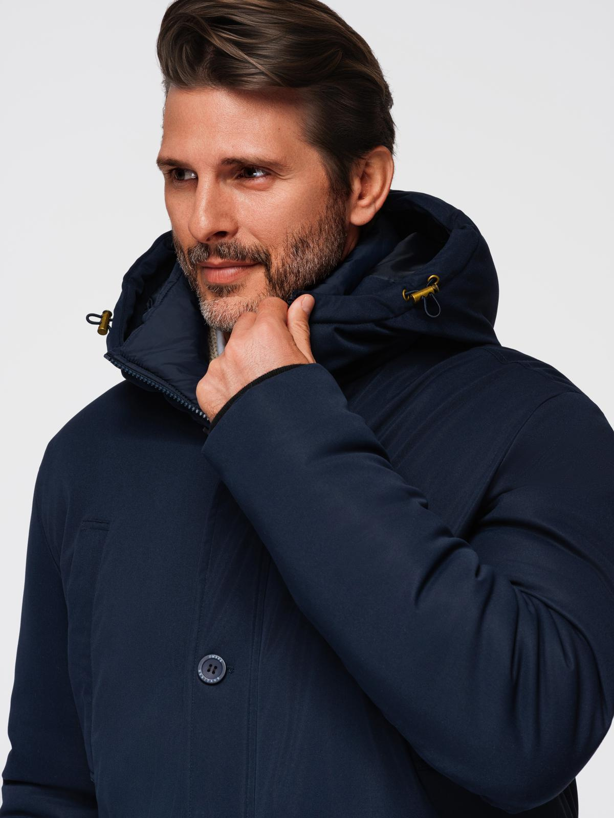 Ombre Elegant men&#039;s parka with cargo pockets and hood - navy blue