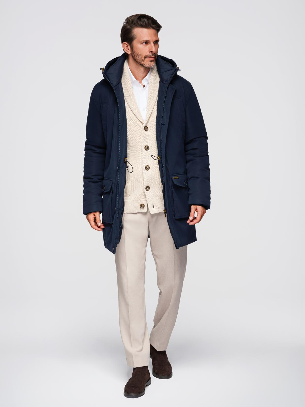 Ombre Elegant men&#039;s parka with cargo pockets and hood - navy blue