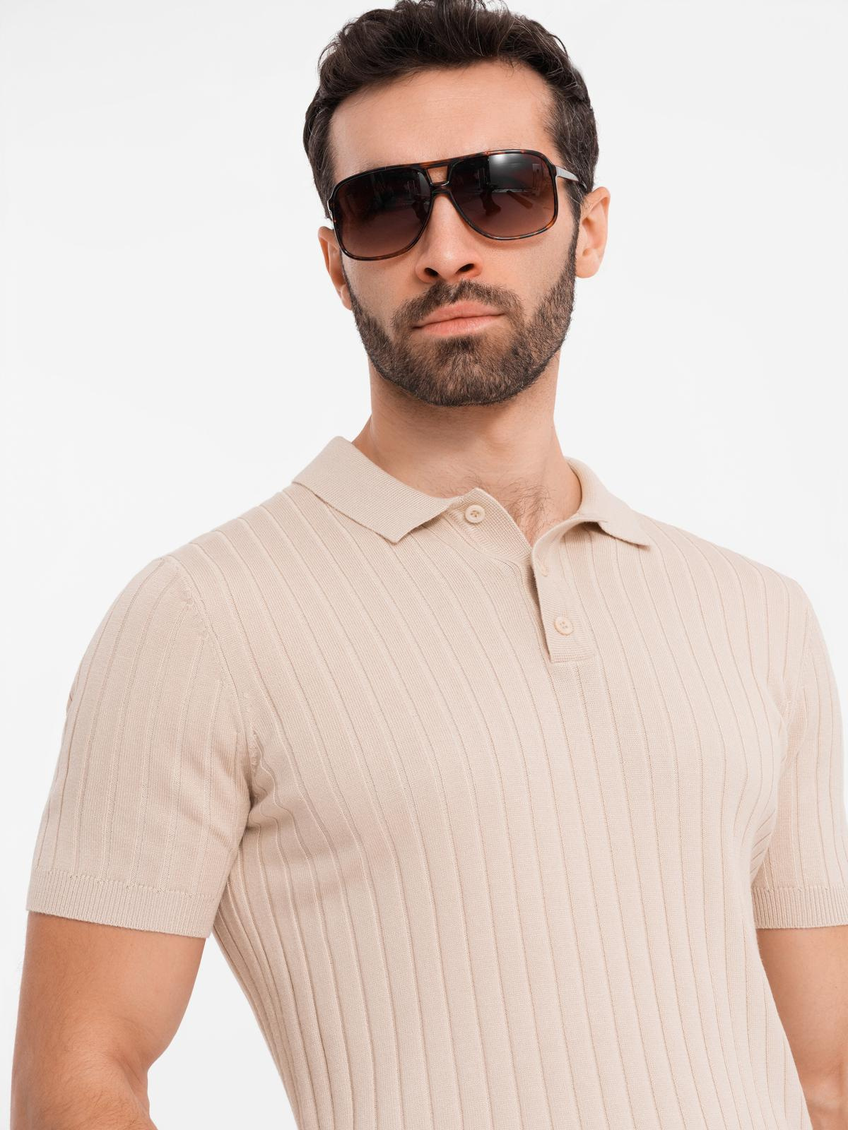Ombre Men&#039;s SLIM FIT viscose vertical striped polo shirt - beige