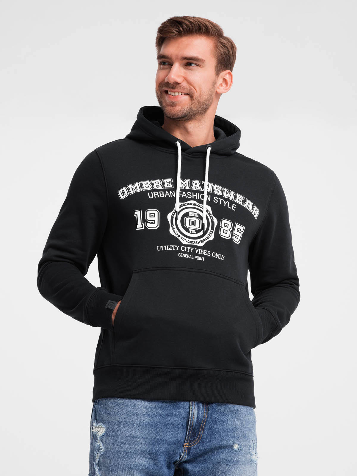 Ombre Men&#039;s kangaroo hoodie with college style print - black