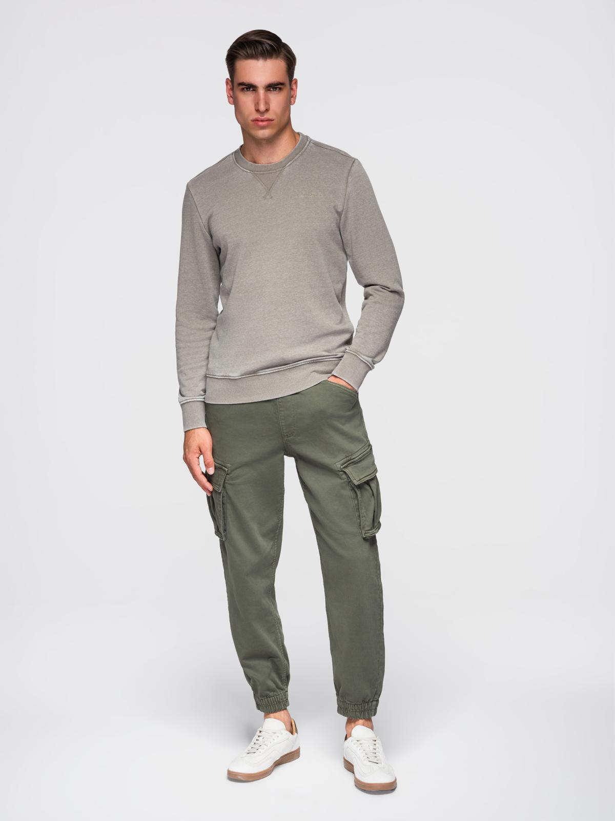 Ombre Washed men&#039;s sweatshirt with decorative stitching at the neckline - beige