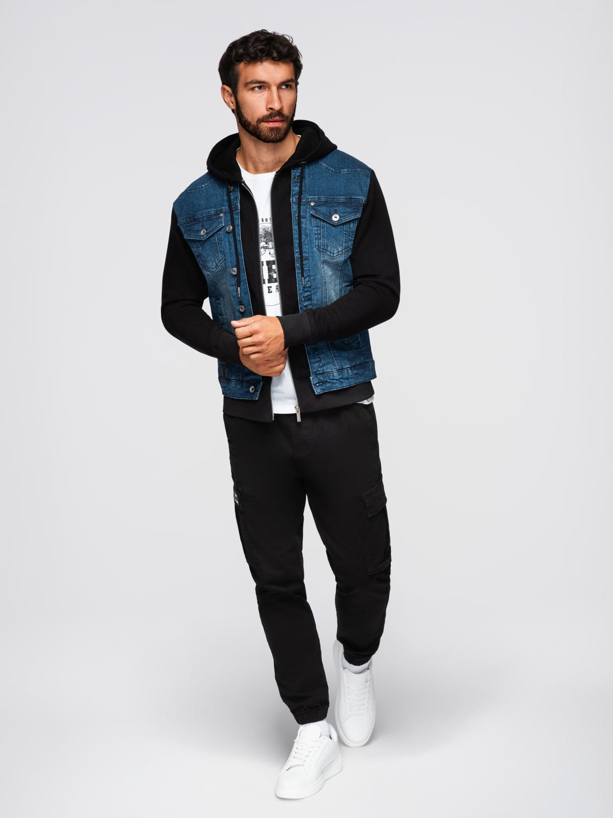 Ombre Men&#039;s denim jacket with knitted sleeves and hood - blue and black