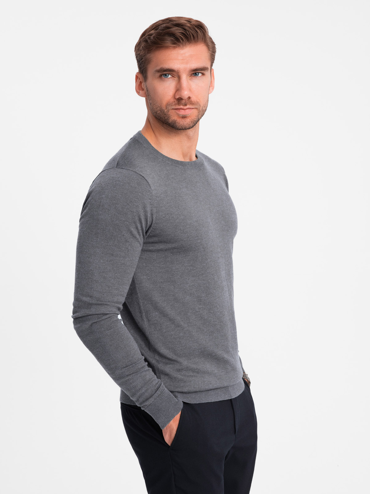 Ombre Classic BASIC men&#039;s viscose sweater with round neckline - grey melange