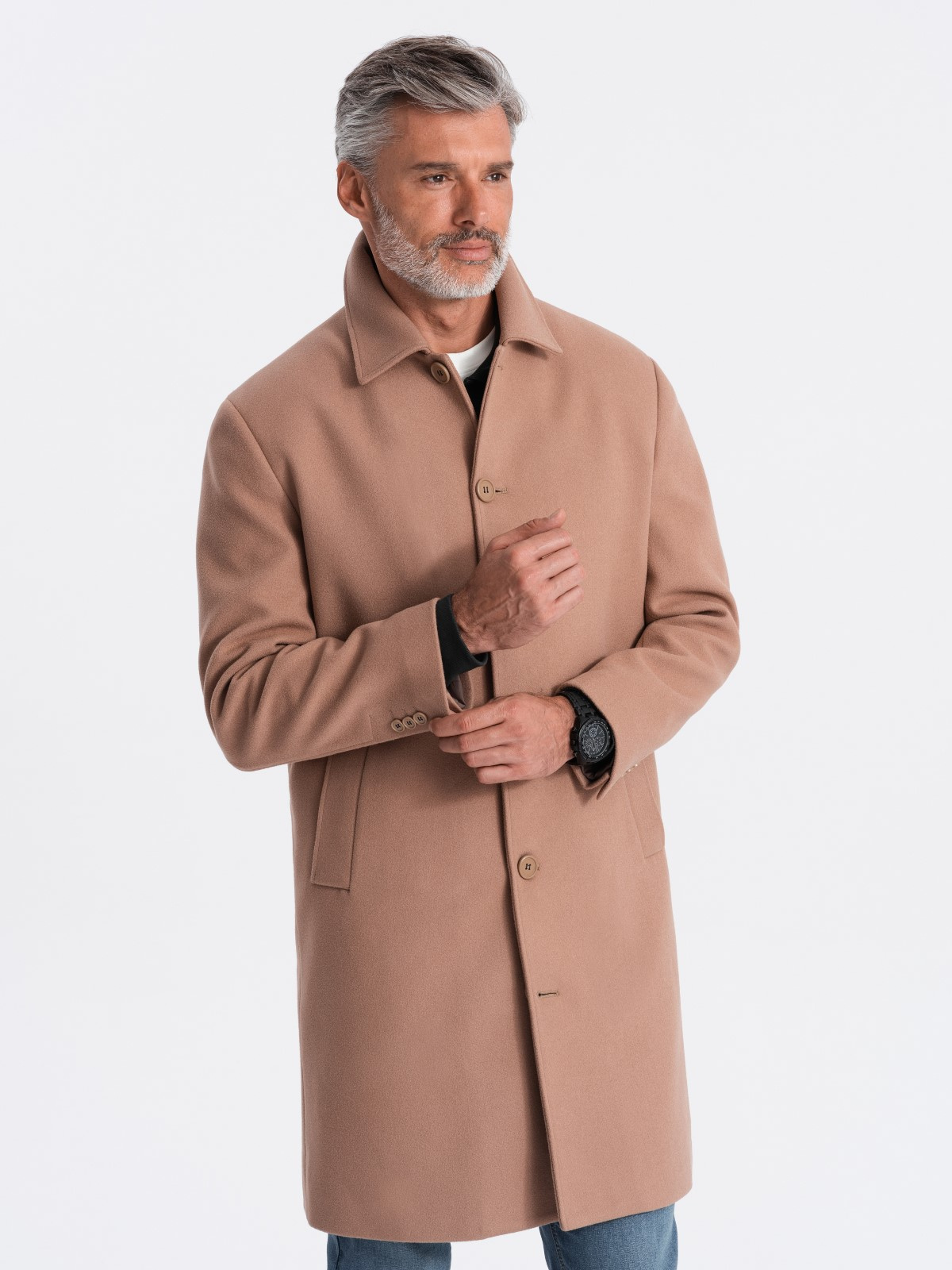 Ombre Single-breasted men&#039;s long coat with collar and bolster - brown