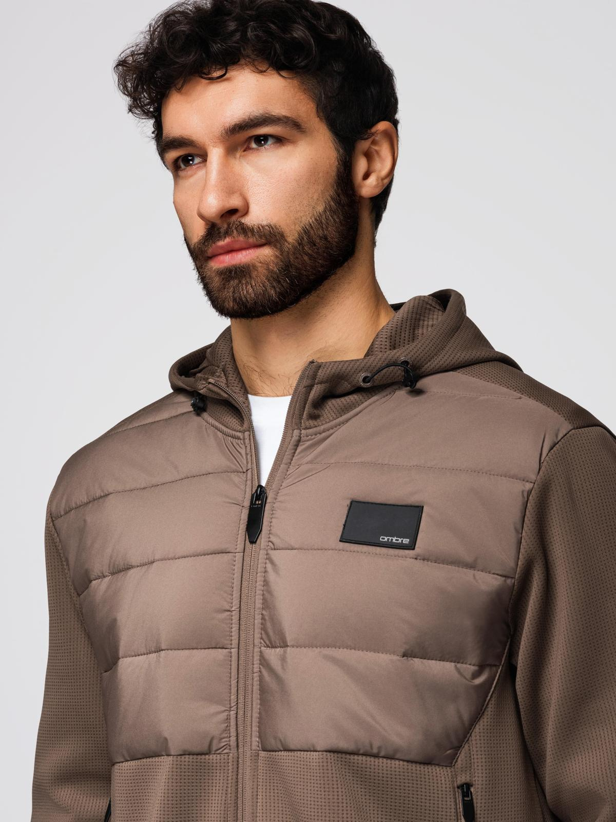 Ombre Men's lightweight jacket of combined materials with hood and decorative quilting - light brown