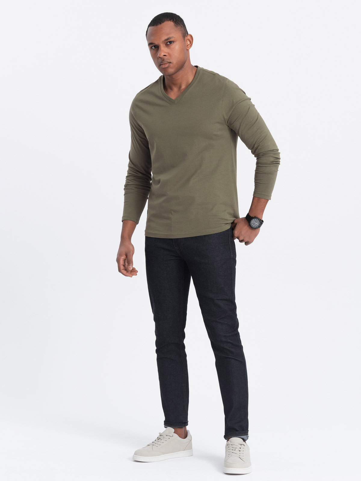 Ombre Men's unprinted longsleeve with v-neck - dark olive