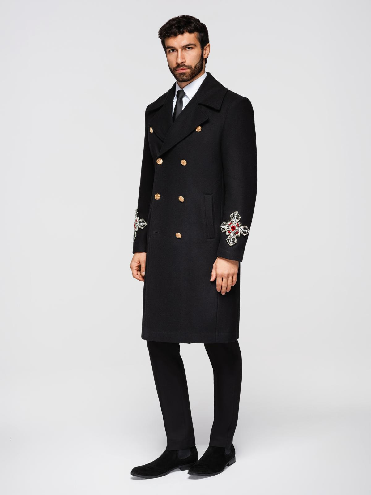 Ombre Men's double-breasted coat with wool and bead appliqués on sleeves - black