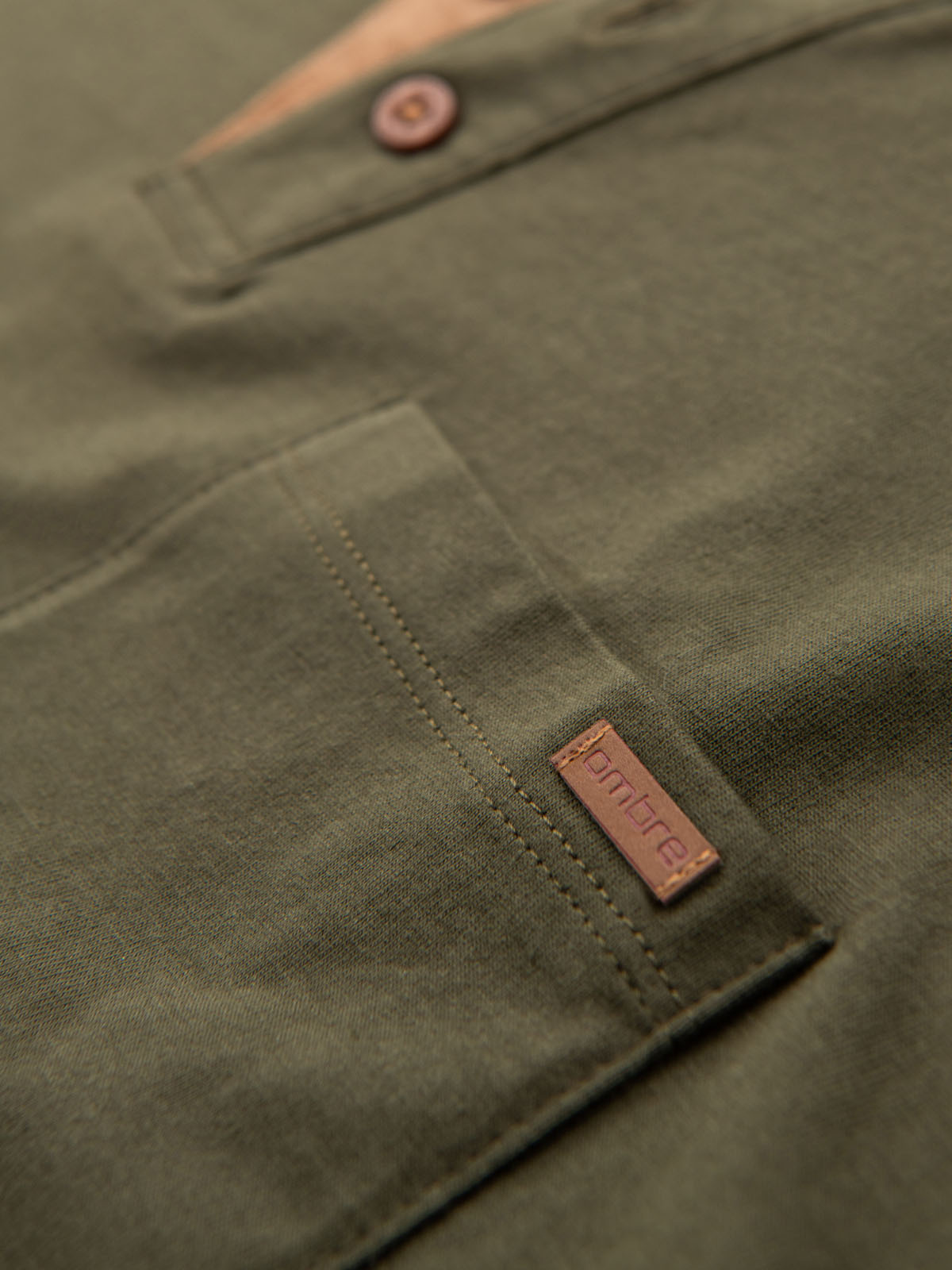Ombre Men's T-shirt with button neckline and suede trim - dark olive
