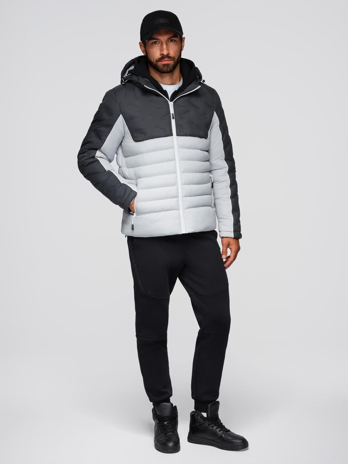 Ombre Men&#039;s quilted jacket with detachable hood - graphite and white