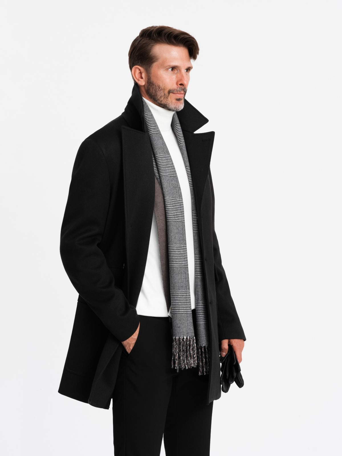 Ombre Men's single-breasted patterned coat with pockets - black